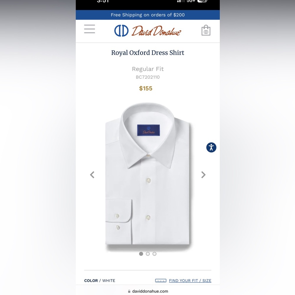 David Donahue mens white dress shirt regular fit 16.5x 34/35
